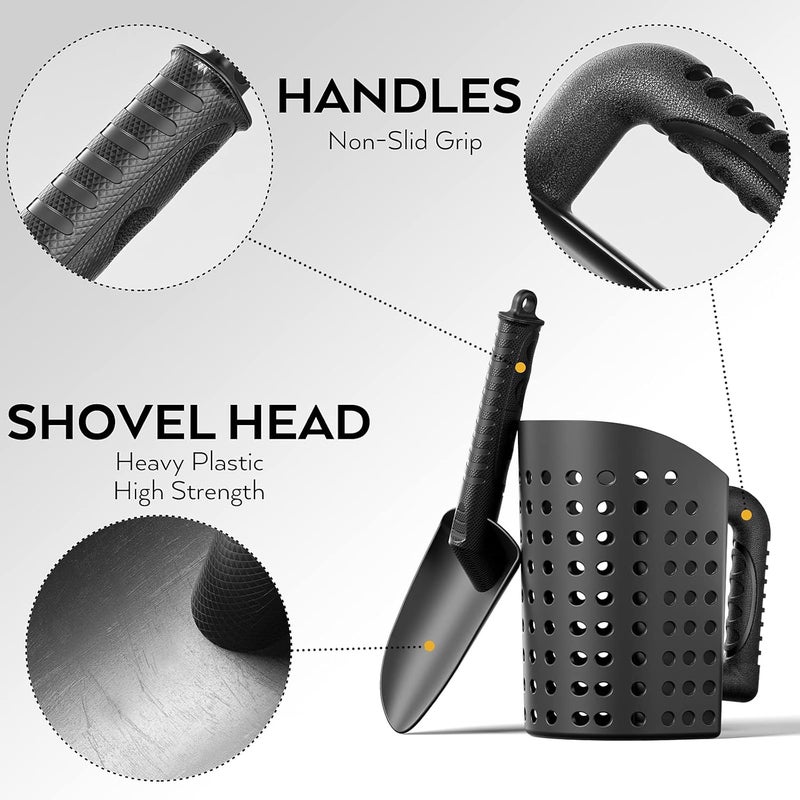 INCLY Sand Scoop & Shovel, Detecting Accessories for Kid & Adult Metal Detector, Sand Sifter Treasure Hunting & Digging Tool at The Beach & More, Black - Come with Mesh Bag - Image 2